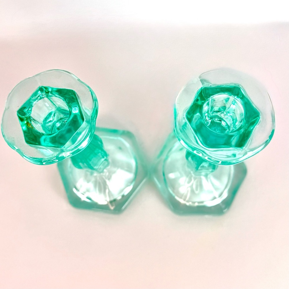 Vintage Set Of 2 Aqua Blue  Art Deco Glass Candlesticks Holders. Mid-Century Mod - Picture 5 of 13